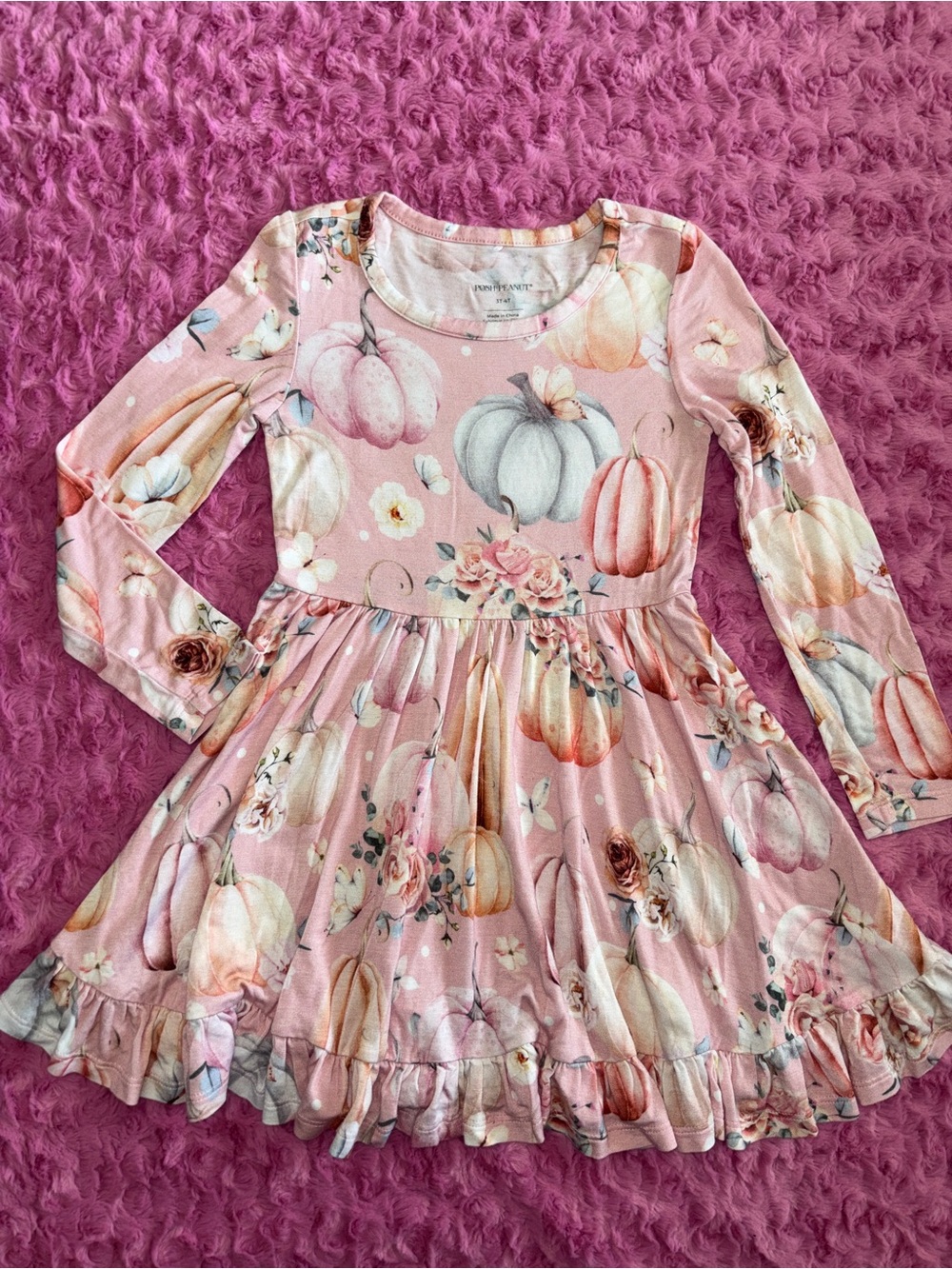 Posh Peanut Talena Pink Pumpkin & Floral Ruffle Hem Dress 3/4